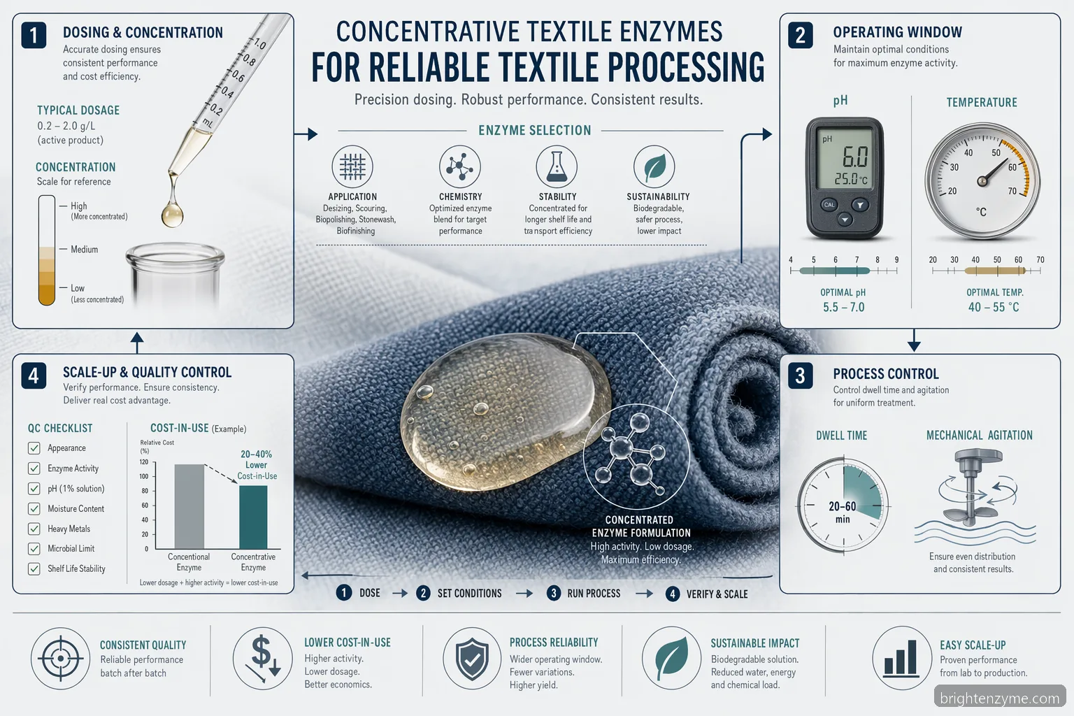 Concentrative textile enzymes for reliable textile processing, showing dosage, pH, temperature and QC factors.