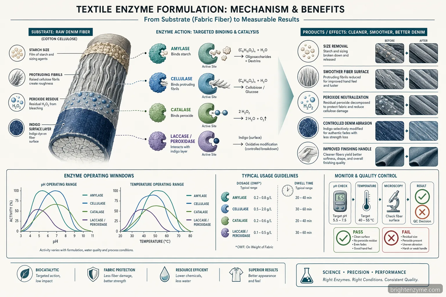 sciencedaily textile enzymes formulation guide diagram showing pH-temperature windows, substrates, products, and QC flow