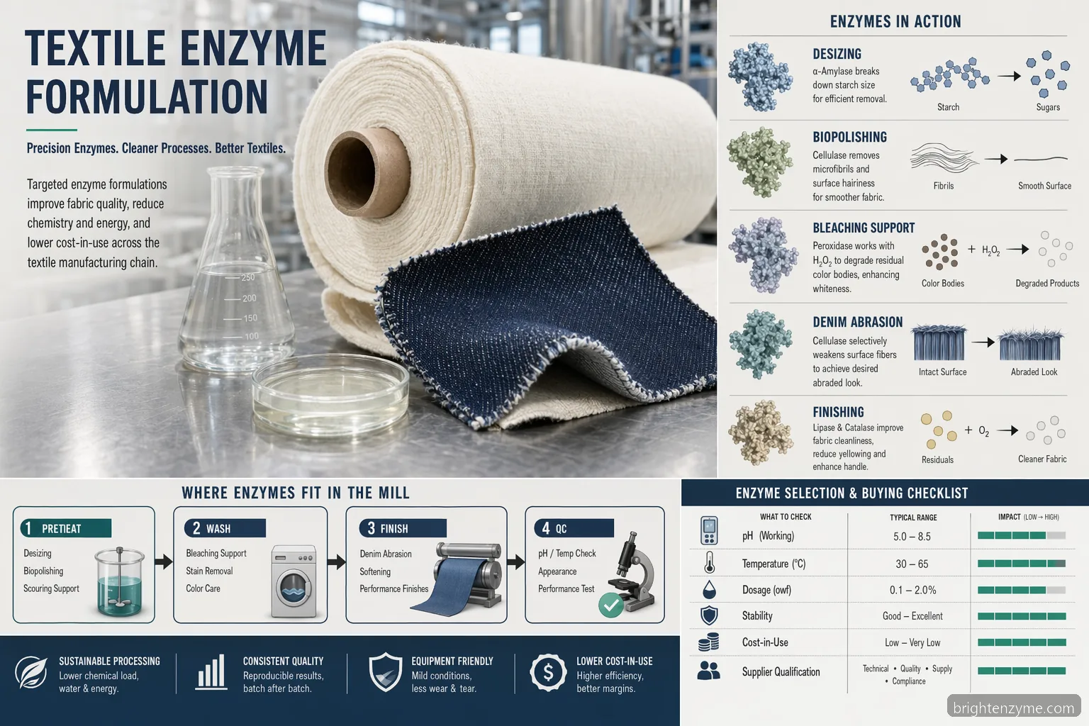 sciencedaily textile enzymes formulation guide showing mill stages, enzyme types, QC checks, and cost factors