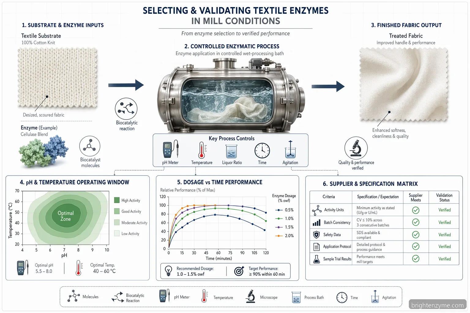 textile enzymes process-condition diagram for textile mills, mapping pH, temperature, dosage, substrate, and validation steps