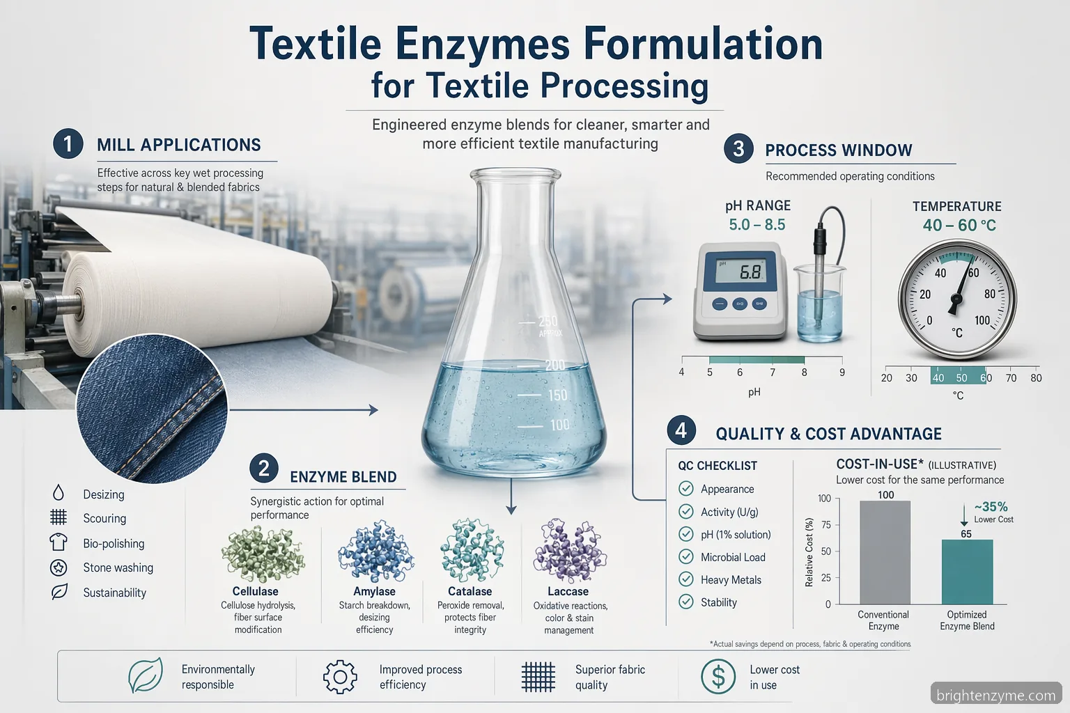 textile enzymes formulation for textile processing infographic showing enzyme classes, process windows, QC, and cost-in-use