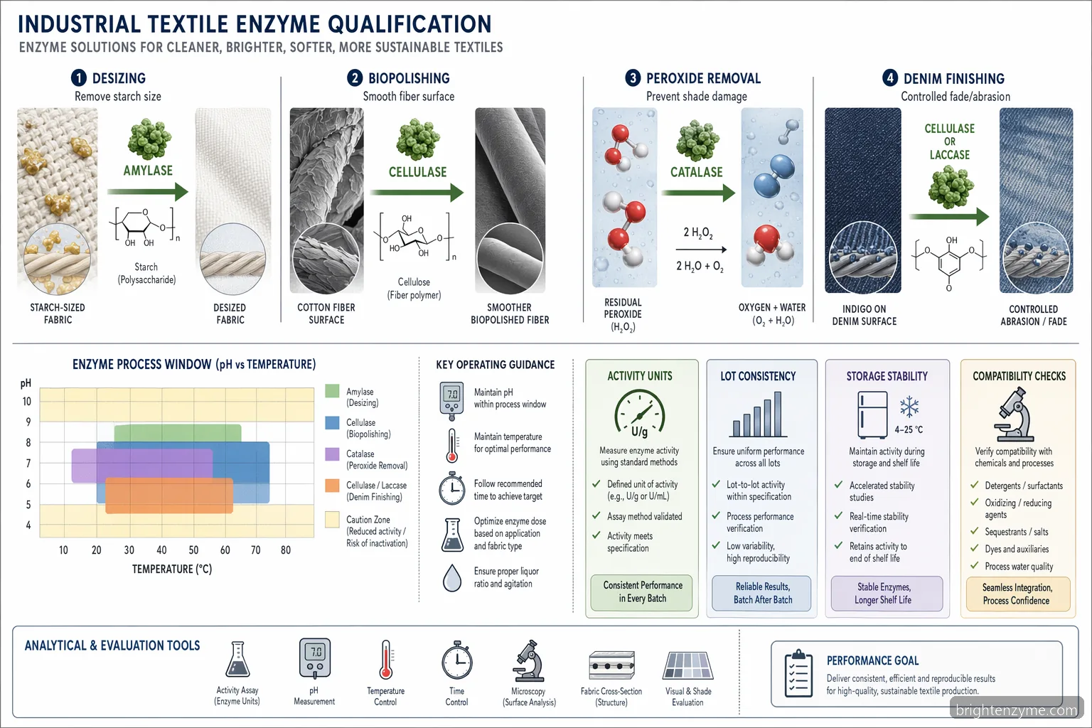 textile enzymes manufacturer process: pH and temperature windows link cellulase, amylase and catalase to textile steps