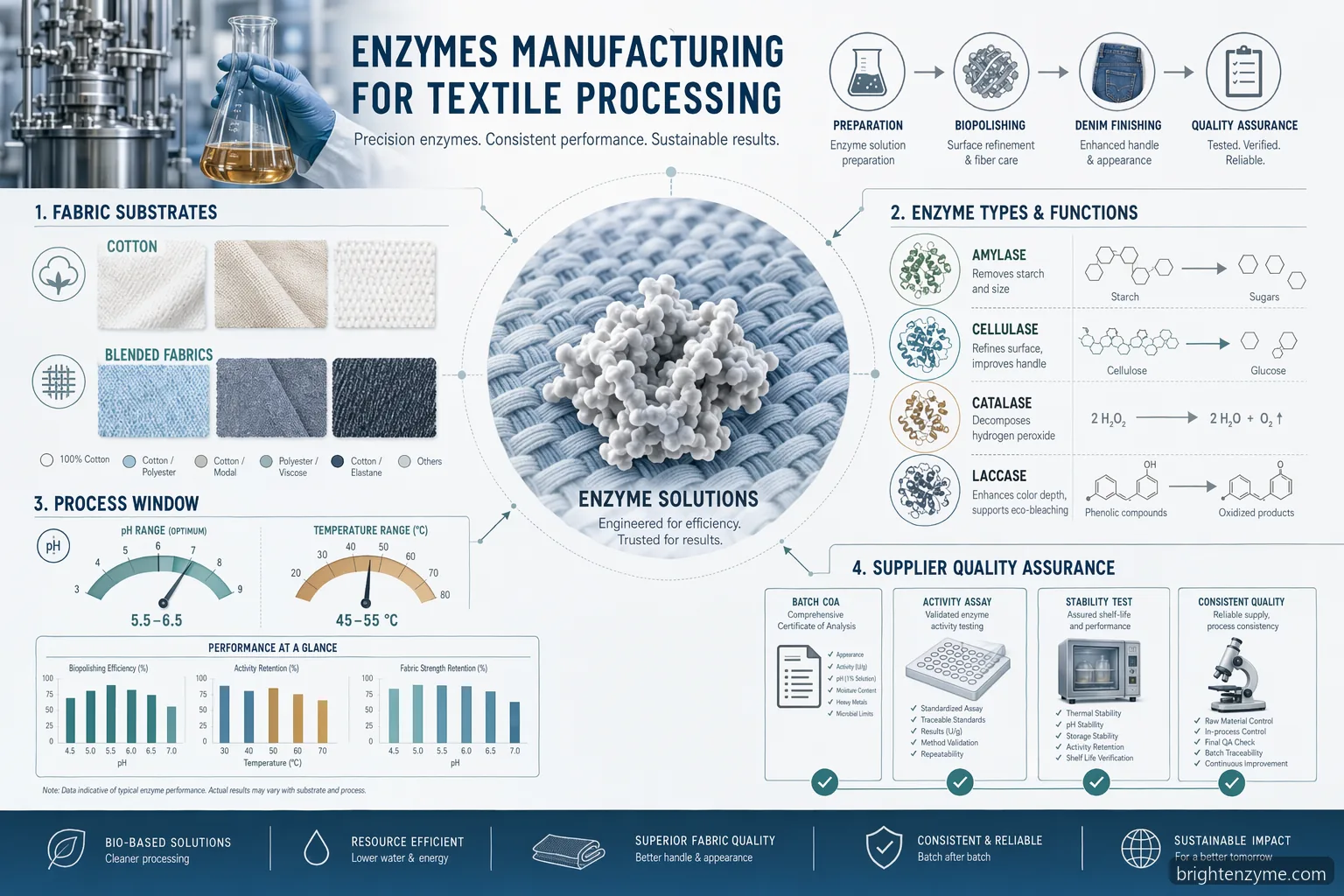 textile enzymes manufacturer guide: mills compare enzyme types, process windows, QA checks and fabric outcomes